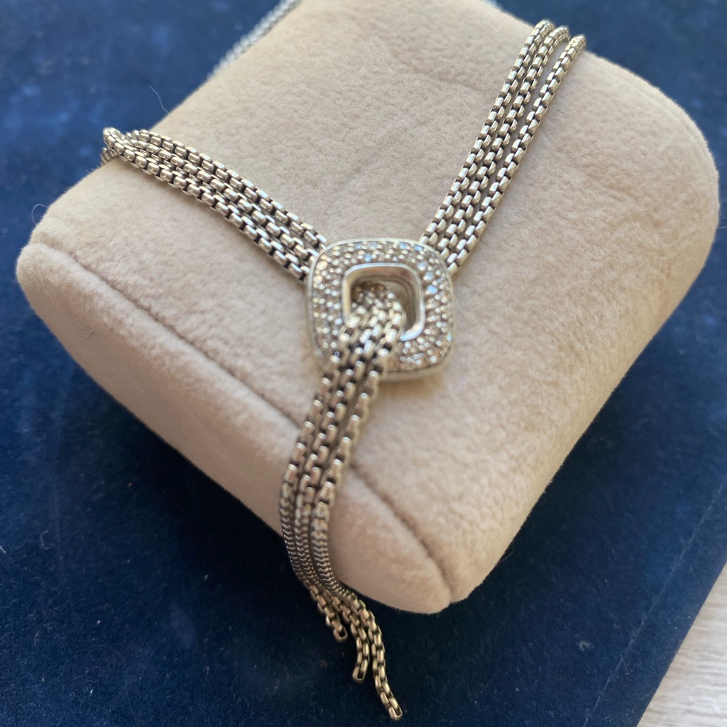 David Yurman Triple Strand Lariat Necklace 16 With Square Diamond Accent 1000$